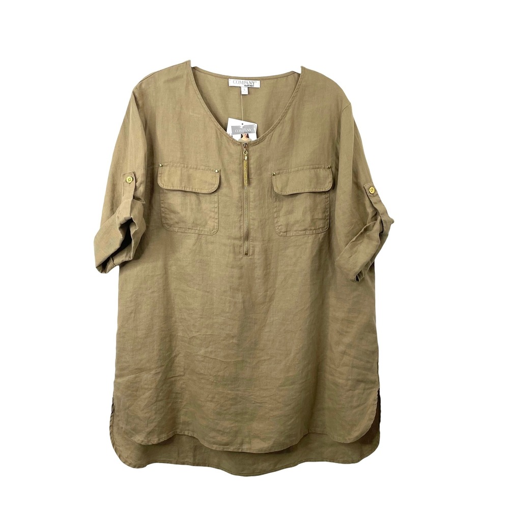 NEW Ellen Tracy 100% linen roll tab top blouse Size L khaki‎ tan safari neutral